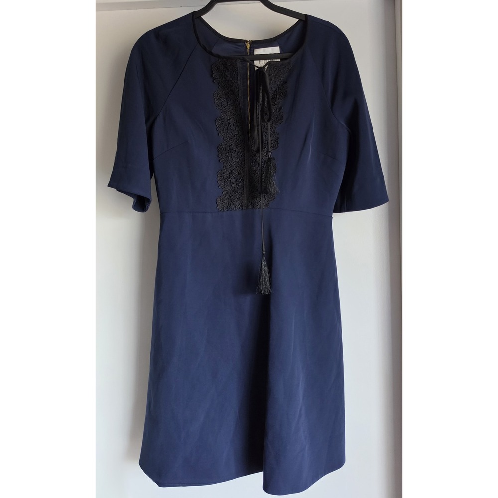 ERIN Fetherston Mini Dress 6 Blue Black Round Neck Short Sleeve Romantic Lace